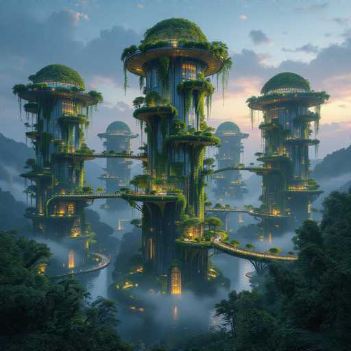 The image depicts a fantastical, computer-generated cityscape featuring towering, cylindrical buildings with domed tops. These structures are interconnected by numerous bridges and walkways, creating a complex network above a body of water. The buildings are adorned with lush greenery, including vines, moss, and trees, which climb and drape over the edges, giving the city a vibrant, organic feel. The scene is set against a backdrop of a blue sky with scattered clouds, and the water below reflects the city's lights, adding a serene, ethereal quality to the image. The overall aesthetic is reminiscent of a science fiction or fantasy setting, with a harmonious blend of nature and advanced architecture.
