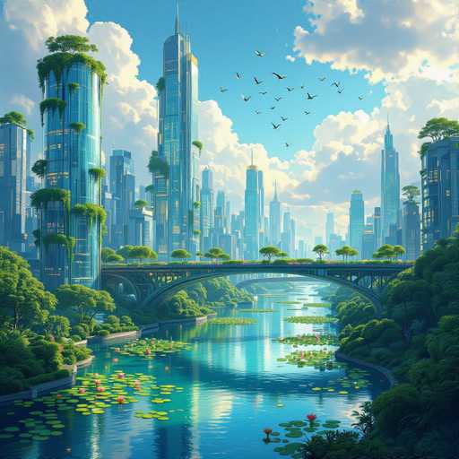 This image depicts a highly detailed, computer-generated cityscape that blends futuristic architecture with natural elements. Dominating the scene are numerous skyscrapers, some of which are adorned with lush greenery, including trees and moss, growing from their surfaces and rooftops. A serene river, dotted with lily pads and vibrant pink flowers, meanders through the city, flanked by well-maintained gardens and trees. A prominent bridge spans the river, connecting the two sides of the city. The sky above is a clear blue, dotted with fluffy white clouds and a flock of birds in flight. The overall color palette is dominated by shades of blue, green, and white, creating a harmonious and visually striking urban landscape.
