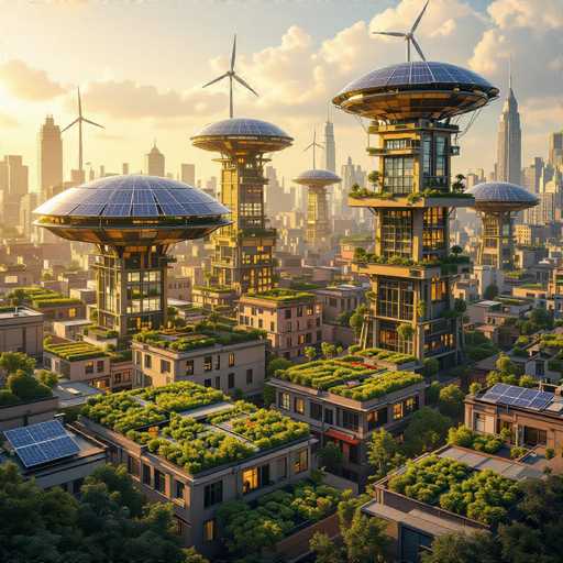 This image depicts a highly detailed, computer-generated cityscape that blends futuristic and retro elements. The scene is set against a backdrop of a blue sky dotted with white clouds, with the sun casting a warm glow from the left side. The city is filled with numerous skyscrapers, some of which are adorned with large, round solar panels on their rooftops. These solar panels vary in size, with some being as large as the buildings themselves. 

In the foreground, smaller buildings feature extensive greenery on their rooftops, including grass, bushes, and even small trees, creating a lush, garden-like atmosphere. The buildings are primarily brown and tan, with some showcasing yellow lights that add a touch of warmth to the scene. 

The overall aesthetic is reminiscent of a 1970s vision of the future, with a distinct retro-futuristic vibe. The image is square-shaped and contains no text, people, or animals, focusing solely on the architectural and environmental details of this imaginative cityscape.