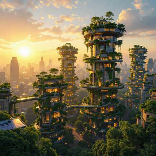 This image depicts a futuristic cityscape with towering, cylindrical skyscrapers that are densely packed and interconnected by sky bridges. The buildings, which have a distinct sci-fi aesthetic, are adorned with lush greenery, including trees, bushes, and vines that climb their sides and cover their balconies. The scene is set during sunset, with the sky transitioning from a light blue to a warm yellow near the horizon, where the sun is partially obscured by clouds. The city's skyline is dominated by these unique structures, with a few traditional skyscrapers visible in the background. The overall atmosphere is serene, with the city appearing peaceful and well-maintained, despite the absence of people. The image, which could be a photograph or a highly detailed digital rendering, captures the harmonious blend of nature and advanced architecture.