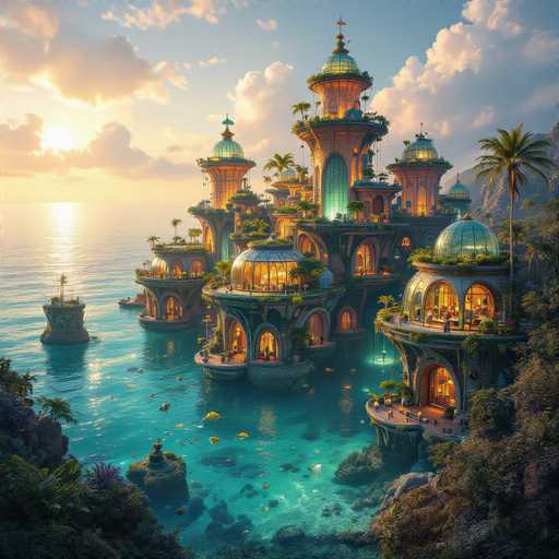 The image depicts a fantastical, computer-generated scene of a grand, multi-level mansion situated on a rocky outcrop by the ocean. The mansion, which appears to be a fusion of architectural styles, features numerous turrets, domes, and towers, with some sections resembling a castle and others akin to a greenhouse. The structure is adorned with numerous windows, some of which are illuminated, and is surrounded by lush greenery, including palm trees and other tropical plants. The mansion's intricate design includes a glass dome on the right side and several towers with green domes, one of which has a cross on top. The ocean in the foreground is a striking turquoise blue, with a small island visible to the left of the mansion. The sky above is a mix of blue and gray, with clouds illuminated by the setting sun, which casts a warm glow over the entire scene. The overall atmosphere is serene and picturesque, with the mansion appearing almost magical in its setting.
