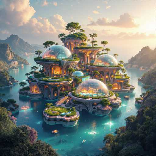 This image depicts a fantastical, computer-generated scene of a futuristic city built on a series of small islands surrounded by a turquoise body of water. The city features several large, dome-shaped structures with transparent glass roofs, allowing a view of the interiors. These domes house various elements, including a pool with a blue bottom and a hot tub, as well as lush greenery with trees and grass. The buildings themselves are adorned with numerous windows and illuminated by warm, yellow lights, giving off a welcoming glow. 

In the foreground, one of the islands features a hot tub and a small garden, while another island boasts a large dome with a pool. The water around the islands is dotted with small boats and jet skis, adding to the lively atmosphere. The background reveals a majestic mountain range with a mix of rocky peaks and verdant slopes, under a sky filled with fluffy white clouds. The sun, either rising or setting, casts a golden hue over the entire scene, enhancing the ethereal quality of this imaginative cityscape.