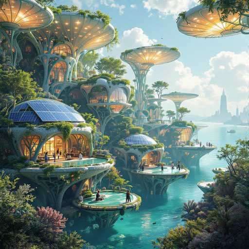 The image depicts a highly detailed, futuristic cityscape that appears to be AI-generated. The scene is set against a backdrop of a clear blue sky dotted with fluffy white clouds. In the distance, a modern city skyline with tall skyscrapers is visible, adding to the advanced ambiance of the setting.

The foreground features a serene body of water, possibly a lake or river, with several unique structures emerging from it. These structures resemble treehouses but are more modern and futuristic in design. Some of these buildings have circular or dome-shaped roofs, while others are flat-topped. Many of these structures are adorned with solar panels, emphasizing a sustainable energy theme.

The buildings are interconnected by walkways and bridges, creating a network of elevated paths. Some of these structures have rooftop gardens, adding a touch of greenery to the otherwise high-tech environment. People can be seen strolling along these paths, enjoying the innovative and harmonious blend of nature and technology.

The overall aesthetic is reminiscent of a science fiction setting, with a color palette dominated by blues, greens, and yellows. The image exudes a sense of tranquility and wonder, showcasing a possible future where nature and advanced technology coexist in perfect balance.