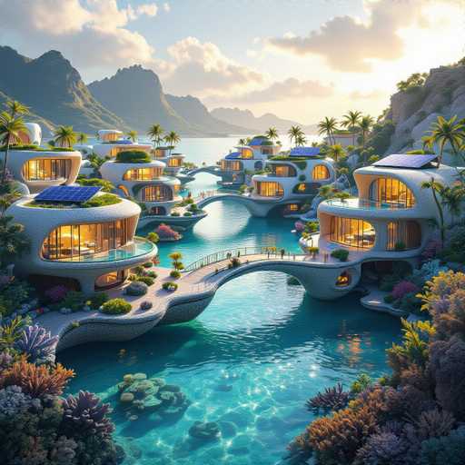 This image depicts a stunning, futuristic cityscape that appears to be AI-generated. The scene features a series of interconnected, modern houses built on a clear, blue body of water. Each house is designed with a sleek, white exterior and large, illuminated windows that suggest a high-end, luxurious interior. The architecture is unique, with some homes featuring blue solar panels on their roofs and others adorned with green grass or other plants on top.

The houses are arranged in a circular pattern, connected by white walkways and bridges that arch gracefully over the water. The water itself is crystal clear, revealing a vibrant underwater world with colorful coral reefs and fish swimming beneath the surface. Surrounding the water are lush, tropical trees, including palm trees, adding to the exotic ambiance.

In the background, a majestic mountain range rises, with the sun either rising or setting behind it, casting a warm glow over the entire scene. The sky is a mix of blue and white, with fluffy clouds adding to the serene atmosphere. The overall impression is one of a harmonious blend between advanced technology and natural beauty, creating an idyllic, futuristic paradise.