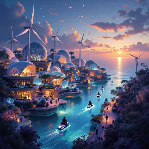 The image depicts a futuristic cityscape at dusk, characterized by a blend of advanced architecture and serene natural elements. The sky is a gradient of blue, adorned with clouds tinged in pink and purple hues, reflecting the setting sun. The city is situated along a waterfront, with numerous buildings that resemble large glass bubbles or domes, some of which are illuminated from within. These structures are perched on floating platforms or directly on the water, creating a unique and modern aesthetic.

In the foreground, a boardwalk runs parallel to the water, where people are seen walking and jogging. The water itself is a striking turquoise blue, dotted with numerous hovercrafts or jet skis, each occupied by individuals gliding across the surface. The overall scene is bathed in a soft, pinkish-purple glow, enhancing the futuristic and tranquil ambiance. The combination of the illuminated buildings, the reflective water, and the colorful sky creates a captivating and serene visual experience.