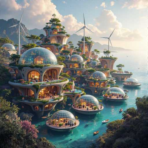 This image depicts a futuristic cityscape featuring numerous buildings with transparent, dome-shaped roofs that resemble glass or plastic. These domes allow a clear view of the interior, revealing various rooms and activities within. The buildings are predominantly white and are interconnected by a network of walkways and bridges, creating a complex and intricate urban landscape. 

In the foreground, several boats are visible, navigating through the city's waterways. The water appears to be a striking turquoise color, adding to the surreal and advanced ambiance of the scene. The sky above is a vibrant blue, dotted with fluffy white clouds, enhancing the overall sense of a bright, sunny day. 

In the background, a range of mountains can be seen, providing a natural contrast to the futuristic city. The entire scene is bathed in natural light, highlighting the details and textures of the buildings and their surroundings. The image is rich in color, featuring shades of blue, white, gray, green, pink, and purple, which contribute to its vivid and otherworldly appearance.