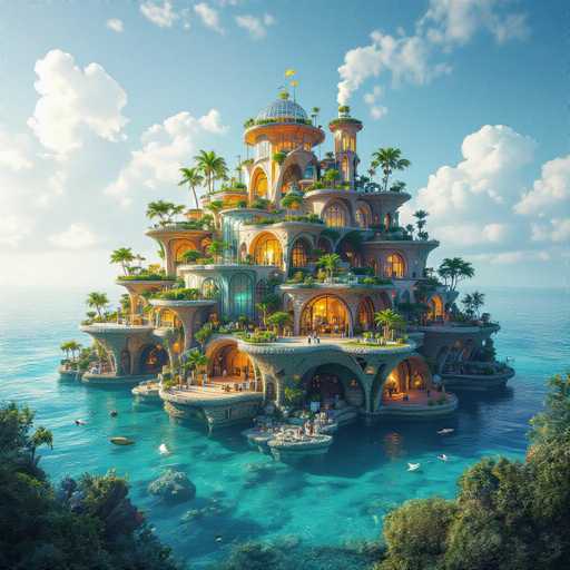 This image depicts a highly detailed, computer-generated rendering of an enormous, multi-tiered mansion floating on a serene body of water. The structure, reminiscent of a grand palace or a fantasy castle, features numerous levels, each adorned with its own distinct architectural elements. The mansion's exterior is a blend of tan and gray hues, with accents of blue and orange, and it is illuminated by warm yellow lights that cast a welcoming glow.

Surrounding the mansion are lush palm trees and various other types of trees, adding to the tropical ambiance. The water below is a clear, light blue, revealing the sandy bottom and scattered rocks. Small white boats dot the water, enhancing the scene's tranquility. The sky above is a vibrant blue, dotted with fluffy white clouds, and the sun shines brightly from the left side of the image, casting a warm glow over the entire scene.

In the foreground, green trees frame the view, while the background showcases the expansive water stretching to the horizon. The overall composition is a harmonious blend of natural beauty and architectural grandeur, creating a picturesque and almost surreal landscape.