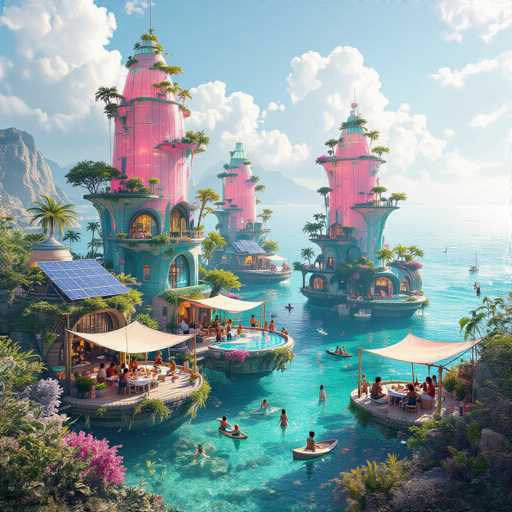 This image depicts a vibrant, futuristic cityscape floating on a serene body of water, possibly a lake or ocean. The scene is dominated by several large, circular platforms that serve as the foundations for towering structures. These platforms are adorned with lush greenery, including palm trees and various flowers, creating a harmonious blend of nature and architecture. 

The buildings themselves are striking, with tall, slender pink towers that feature blue bases and are topped with green roofs. Some of these structures have solar panels, emphasizing a sustainable design. The platforms are bustling with activity, featuring outdoor dining areas with tables and chairs, as well as swimming pools where people are enjoying the water. 

In the background, majestic mountains rise up, partially obscured by fluffy white clouds, adding to the picturesque quality of the scene. The water below is a clear, light blue, reflecting the bright, sunny sky above. Overall, the image exudes a sense of tranquility and advanced urban living, seamlessly integrating natural elements with futuristic architecture.