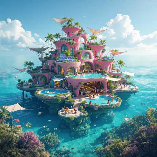This image showcases a stunning, computer-generated floating island in the middle of a vast ocean. The island is shaped like a multi-tiered cake, with several levels adorned with vibrant greenery, including lush palm trees and colorful flowers. The central structure of the island is painted a striking pink, featuring numerous semi-circular windows and a large, inviting pool on the second level. 

The island is bustling with activity, as people can be seen enjoying the pools, lounging on the decks, and exploring the various levels. The topmost level is particularly eye-catching, with its abundance of greenery and a unique pink, bowl-shaped structure. 

In the foreground, the ocean floor is visible, revealing a diverse ecosystem with fish swimming around and coral reefs adding to the picturesque scene. The sky above is a brilliant blue, dotted with fluffy white clouds, completing this surreal and captivating vision of a tropical paradise.