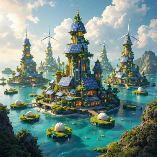 This image depicts a highly detailed, computer-generated scene of a futuristic cityscape set on a small island surrounded by water. The central focus is a grand, multi-story building with a distinctive blue roof adorned with numerous solar panels. The building features a unique design with a pointed top and a green tree growing from its peak. Surrounding this main structure are several smaller buildings, also equipped with solar panels, and interconnected by a network of bridges and walkways. The island is dotted with patches of grass and small white domes, adding to its intricate layout. In the background, additional tall buildings with blue roofs and solar panels rise against a backdrop of a blue sky filled with white clouds. The water around the island is a striking turquoise blue, and small boats can be seen navigating the area. The entire scene exudes a sense of advanced technology and sustainable living, with lush greenery and modern architecture harmoniously coexisting.
