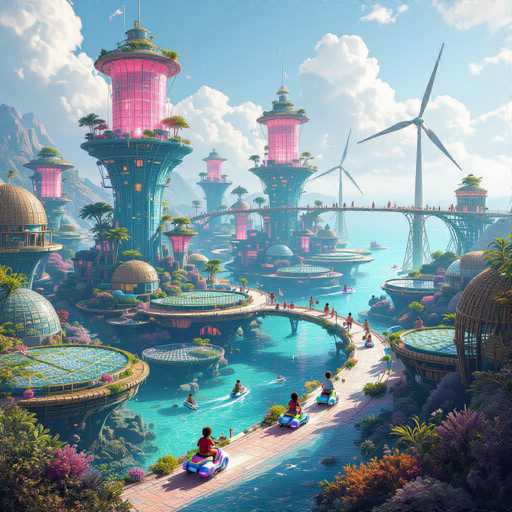 This is a highly detailed, computer-generated image of a futuristic cityscape. The scene features numerous circular platforms floating on water, interconnected by a network of bridges. Each platform is adorned with lush greenery, including trees and vibrant flowers, creating a harmonious blend of nature and technology. The platforms are equipped with various structures, including tall buildings with pink-lit domes and wind turbines, adding to the city's advanced aesthetic. People can be seen enjoying the water on colorful inner tubes, while others stroll along the bridges, contributing to the lively atmosphere. The sky above is a clear blue, dotted with fluffy white clouds, enhancing the serene yet bustling ambiance of this idealized, green urban environment.