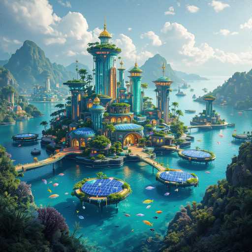 The image depicts a fantastical, computer-generated cityscape set on a small island surrounded by a vibrant blue ocean. The island features a grand, multi-level building with numerous towers and spires, some adorned with gold accents. The structure appears to be made of a blue material, possibly metal or glass, and is illuminated by warm orange lights. The building is surrounded by lush greenery and trees, and several bridges extend from it, connecting it to the surrounding water.

In the foreground, the ocean is teeming with colorful fish, including yellow, pink, and orange ones, swimming near the surface. The water is clear, revealing a sandy bottom. Scattered around the island are several circular platforms, some of which appear to be covered in grass and equipped with solar panels.

The background showcases a serene landscape with green mountains and additional islands, all under a bright blue sky dotted with white clouds. The entire scene exudes a sense of tranquility and otherworldly beauty, blending elements of science fiction with natural splendor.