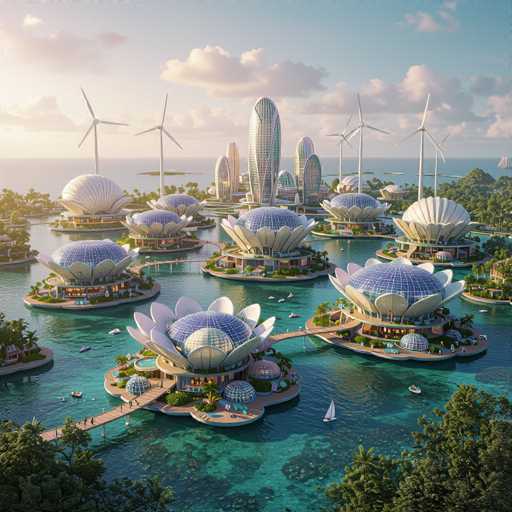 The image depicts a futuristic cityscape set on a series of islands surrounded by a vibrant blue ocean. The sky is a light blue, adorned with fluffy white clouds, and the sun shines brightly from the left side. The islands are interconnected by numerous wooden boardwalks and bridges, creating a complex network across the water. Each island features unique, flower-like buildings with blue glass tops and white petals, resembling seashells or lotus flowers. These structures are interspersed with lush greenery, including palm trees and other vegetation. In the background, tall skyscrapers rise, with one particularly prominent, oval-shaped building at the center. The scene is bustling with activity, as people stroll along the boardwalks and boats navigate the waterways. The overall aesthetic is highly detailed and computer-generated, evoking a sense of a serene yet advanced urban environment.