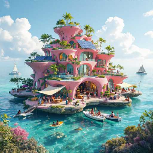 This image showcases a stunning, computer-generated architectural design of a multi-level, pink-colored building situated on a small island in the middle of a serene ocean. The building, which appears to be a blend of a hotel and a private residence, features five distinct levels, each adorned with numerous windows and balconies. The structure is characterized by its unique, rounded edges and a series of arches that create a visually captivating silhouette.

The topmost level of the building is crowned with lush greenery, including palm trees and other plants, adding a touch of nature to the modern design. The second level boasts a rooftop pool, offering a luxurious relaxation space. The ground level is bustling with activity, featuring outdoor dining areas where people are seated at tables, enjoying meals and the picturesque surroundings. 

In the foreground, a small white boat with three occupants can be seen, while the background reveals two larger sailboats, one on each side of the image, enhancing the idyllic maritime setting. The clear blue sky dotted with white clouds complements the vibrant blue water, creating a harmonious and tranquil atmosphere. The entire scene is framed by the natural beauty of the ocean and sky, making this architectural marvel appear both surreal and enchanting.