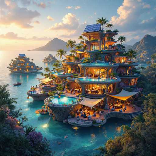 This image depicts a grandiose, multi-tiered mansion situated on a small island surrounded by water. The mansion features six distinct levels, each adorned with balconies and terraces. The bottom level boasts a large, inviting pool, while the upper levels include smaller balconies and a rooftop area. The structure is illuminated, casting a warm glow that contrasts beautifully with the darkening sky. Palm trees are scattered around the mansion, adding to its tropical ambiance. In the background, a mountain range looms, and additional islands with smaller buildings are visible. The sky is a mix of blue and gray, with clouds suggesting the onset of evening. A boat can be seen in the water near the mansion, enhancing the serene and luxurious atmosphere of the scene.