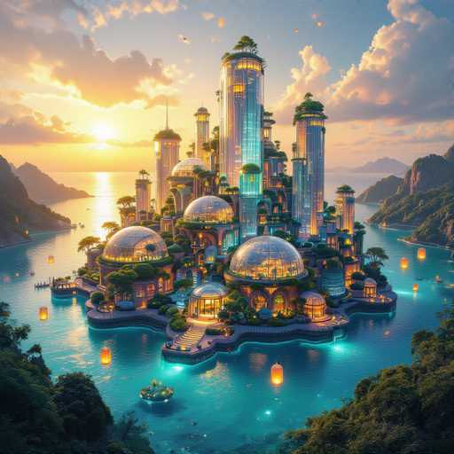 This image depicts a highly detailed, computer-generated futuristic cityscape set on a small island surrounded by a vibrant blue body of water. The city features an array of tall, cylindrical buildings with glowing blue and yellow lights, some adorned with greenery on their rooftops. At the center of the island, there are several large, dome-shaped structures with glass tops, resembling greenhouses, and a prominent building with a dome and a spire. The island is dotted with trees and illuminated by numerous lanterns floating in the water, casting a warm glow. In the background, the sky is a blend of blue and yellow hues, with the sun either rising or setting, casting a serene light over the scene. Surrounding the island are rocky, mountainous terrain with lush greenery, adding to the picturesque and otherworldly atmosphere of the image.
