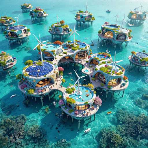 This image depicts a futuristic cityscape of a series of interconnected, circular buildings floating on a vibrant blue ocean. The structures are arranged in a circular pattern, with each building featuring unique architectural elements. Some buildings have blue solar panels on their roofs, while others are adorned with lush greenery, including trees and bushes. The buildings are linked by walkways, creating a cohesive network across the water. Each building has a distinct design, with some featuring blue roofs and others white. Windmills are visible atop some structures, adding to the sustainable aesthetic. The water surrounding the buildings is a striking turquoise, and the seabed below is dotted with green plants. Small boats can be seen navigating the area, enhancing the lively atmosphere of this advanced floating metropolis.