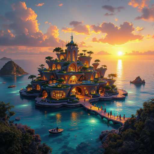 The image depicts a highly detailed, computer-generated scene of a grand, multi-tiered mansion situated on a small island in the middle of a serene ocean. The mansion, which appears to have at least five stories, is adorned with numerous large windows and illuminated by warm yellow lights, creating a striking contrast against the dusk sky. The structure features a distinctive architectural style with a central tower and a pointed roof, surrounded by various levels of balconies and terraces. 

The mansion's exterior is lush with greenery, including palm trees and other plants, adding to its luxurious appearance. A long wooden walkway extends from the island towards the bottom right corner of the image, where it connects to a rocky shoreline with green vegetation. The ocean around the island is a clear, light blue, and several small boats can be seen floating nearby, enhancing the tranquil atmosphere.

The sky above is a blend of blue and orange hues, with the setting sun casting a golden glow across the scene. The clouds are tinged with orange, adding to the picturesque quality of the sunset. In the background, additional islands and rocky formations are visible, contributing to the expansive and idyllic setting. The overall composition of the image is highly realistic, with a level of detail that makes it difficult to distinguish whether it is a photograph or a computer-generated rendering.