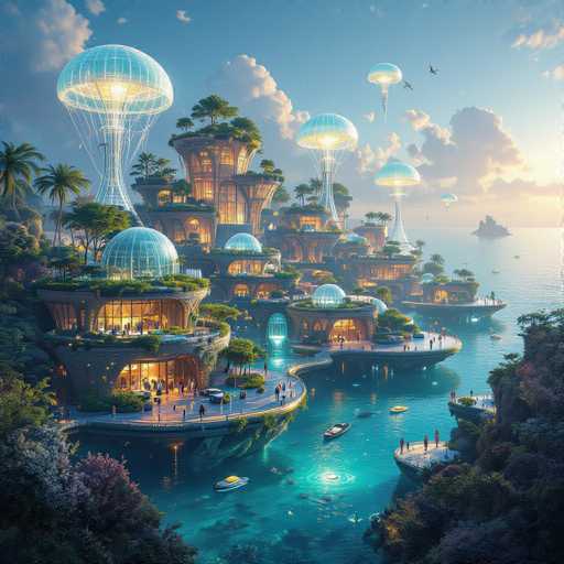 This image depicts a highly detailed, futuristic cityscape that appears to be AI-generated. The scene is set against a backdrop of a blue sky with white clouds and a setting sun, casting a warm glow over the entire landscape. The city is situated on a large body of water, possibly an ocean or a lake, with numerous buildings and structures emerging from the water's surface.

The architecture is strikingly unique, featuring a blend of modern and retro styles. The buildings are predominantly circular and dome-shaped, with some structures resembling glass or plastic domes that emit a soft yellow light. These domes are interconnected by walkways and bridges, creating a complex network of elevated paths.

Adding to the futuristic ambiance are several tall, tower-like structures that resemble jellyfish or hot air balloons. These "jellyfish towers" are illuminated from within and have wires or cables extending from their bases, giving them a distinct, otherworldly appearance.

The cityscape is bustling with activity, as people can be seen walking along the paths, riding in boats, and even standing on the edges of buildings. The water below is a clear blue, revealing the ocean floor, and is dotted with various boats, including speedboats and small fishing vessels.

Overall, the image presents a captivating vision of a future metropolis, seamlessly blending advanced architecture with natural elements and a serene waterfront setting.
