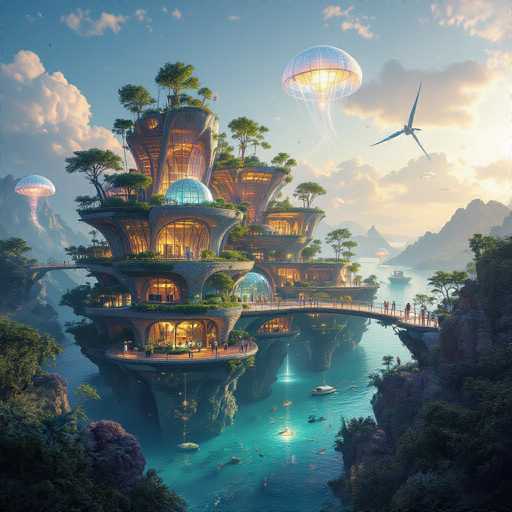 This image depicts a highly detailed, computer-generated scene of a futuristic city built on a large, man-made island in the middle of a body of water. The island is supported by several massive stone pillars, each adorned with lush greenery and trees. The city itself is a marvel of architecture, featuring numerous buildings with transparent walls that reveal illuminated interiors. A prominent feature is a large dome situated at the center of the island. 

A grand bridge extends from the right side of the image, connecting the island to a rocky shoreline. The sky above is a clear blue, dotted with fluffy white clouds and illuminated by the sun, which casts a warm glow over the entire scene. 

In the sky, several futuristic flying vehicles can be seen, including a distinctive one resembling a jellyfish with a glowing yellow center and a silver dome. Additionally, a large bird-like flying object with three wings is visible, adding to the scene's otherworldly atmosphere. 

The water surrounding the island is a striking turquoise blue, and several boats are scattered throughout, with people swimming and enjoying the water. The overall impression is one of a vibrant, advanced city seamlessly integrated with nature, set against a picturesque backdrop of mountains and a serene sky.