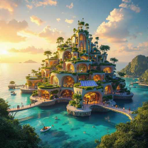 This image depicts a highly detailed, computer-generated scene of a grandiose, multi-tiered mansion situated on a small island in the middle of a vibrant blue ocean. The mansion, which appears to be at least six stories tall, is constructed from light gray stone and features numerous arched windows and doorways. The structure is adorned with lush greenery, including palm trees and other tropical vegetation, which are visible on each level of the building. 

The mansion's design includes several bridges extending from the island to the mainland, with one bridge on the left side bustling with people walking and standing. The scene is set during sunset, casting a warm, golden light over the entire landscape. The sky is a mix of blue and yellow hues, with scattered clouds adding to the picturesque atmosphere.

In the foreground, the crystal-clear water reveals the ocean floor, and there are people swimming and playing in the water. A small white boat is visible on the left side of the image, while another boat can be seen on the right. The background features a distant island on the left and a rocky, tree-covered hill on the right, enhancing the tropical island vibe of the scene. The overall image is rich in detail, showcasing a harmonious blend of natural beauty and architectural grandeur.