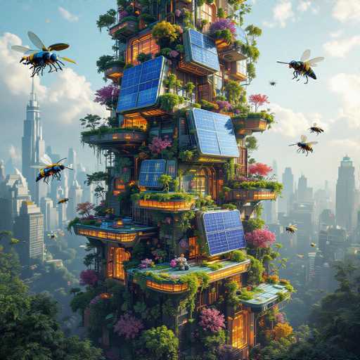 The image depicts a towering, futuristic building that seamlessly blends nature with advanced architecture. The structure is adorned with lush greenery, including trees, bushes, and vibrant flowers, creating a striking contrast against the sleek, modern design. The building features numerous solar panels, highlighting its commitment to sustainable energy. Surrounding the main tower are several smaller buildings, each contributing to the complex's innovative aesthetic. In the sky above, a swarm of oversized, yellow and blue bees with distinctive horn-like protrusions on their heads can be seen, adding an element of whimsy to the scene. The backdrop reveals a sprawling cityscape with numerous skyscrapers, emphasizing the building's prominent position within the urban landscape.