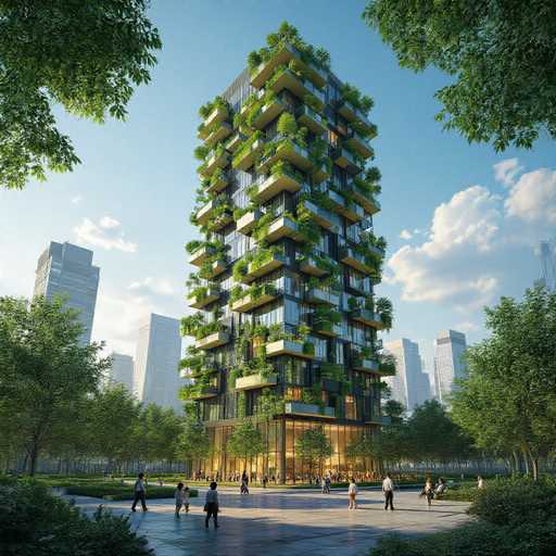 This image depicts a highly detailed, computer-generated rendering of a futuristic skyscraper. The building stands approximately 20 stories tall, with each floor featuring expansive balconies adorned with lush greenery, including trees, bushes, and vines. The structure is predominantly composed of glass windows, giving it a sleek, modern appearance. At the base of the skyscraper, there is a large, open plaza where people are seen walking and gathering. The scene is set against a backdrop of a clear blue sky with scattered clouds, and additional skyscrapers are visible in the distance. The overall aesthetic suggests a harmonious blend of urban architecture and nature, creating a vibrant and eco-friendly cityscape.