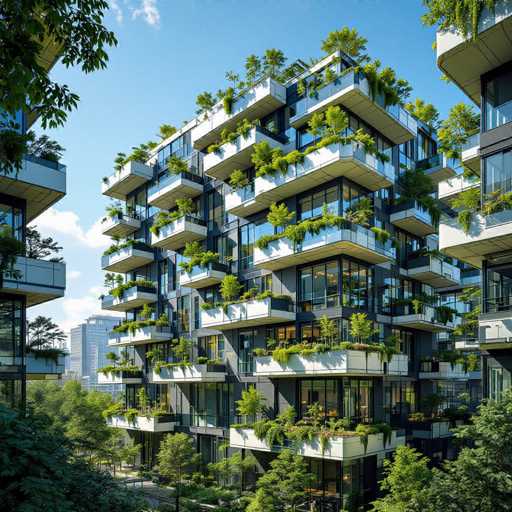 This image showcases a strikingly modern architectural marvel, a high-rise building that stands approximately 15 stories tall. The structure is characterized by its sleek, contemporary design, featuring a facade predominantly composed of glass windows that reflect the clear blue sky and surrounding greenery. The building's exterior is a sophisticated blend of black and white, with the black elements providing a dramatic contrast to the white accents.

Each floor of the building is adorned with balconies, which are lush with greenery, adding a touch of nature to the urban setting. The balconies are filled with an array of plants, including trees, bushes, and various flowers, creating a vibrant and verdant atmosphere. The balconies themselves are white, complementing the building's modern aesthetic.

The image captures the building from a ground-level perspective, looking upwards, which emphasizes its height and grandeur. The sky above is a brilliant blue, dotted with a few white clouds, enhancing the overall serene and picturesque quality of the scene. The combination of the modern architecture, abundant greenery, and clear sky creates a visually captivating and harmonious composition.