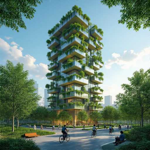 This image depicts a highly detailed, computer-generated rendering of a futuristic skyscraper that seamlessly blends nature with urban architecture. The building, standing approximately 20 stories tall, features a sleek, metallic exterior with numerous windows and balconies. Each balcony is adorned with lush greenery, including trees, bushes, and vines, creating a verdant oasis amidst the cityscape. The structure is set within a park-like environment, surrounded by trees and a wide concrete walkway where people are seen walking and cycling. In the foreground, a person is seated on a bench, enjoying the serene setting. The sky above is a clear blue with a few white clouds, enhancing the overall sense of tranquility and harmony between the built environment and nature.