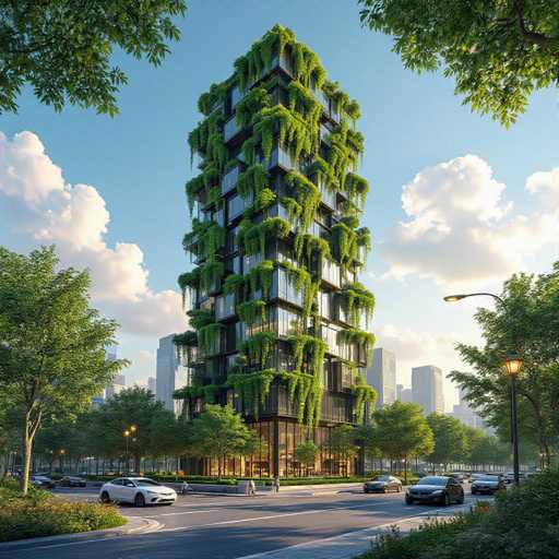 This image depicts a strikingly tall, modern skyscraper that stands prominently in the center of a bustling cityscape. The building, which appears to be around 20 stories high, features a sleek black exterior adorned with numerous windows. What makes this skyscraper particularly unique is its lush greenery that cascades from every level, creating a verdant contrast against the urban backdrop. The top of the building is crowned with an abundance of greenery, resembling a natural crown.

Surrounding the skyscraper, the city's skyline is visible in the distance, with other tall buildings forming a backdrop. The sky above is a clear blue, dotted with a few white clouds, adding to the serene atmosphere. The street below is alive with activity, featuring several cars and a few pedestrians, all contributing to the dynamic urban environment. The overall scene is a harmonious blend of modern architecture and nature, showcasing a harmonious coexistence within the city.