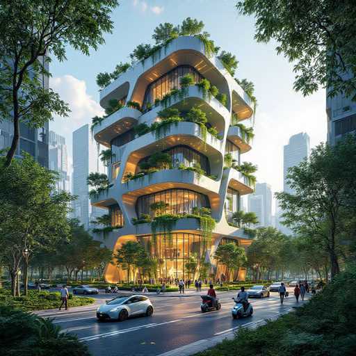 This image depicts a highly detailed, computer-generated scene of a futuristic cityscape. The central focus is a striking, multi-story building with a unique design, featuring rounded edges and a series of balconies adorned with lush greenery, including trees, bushes, and vines. The building's architecture is modern and sleek, with numerous windows that reflect the vibrant city lights. 

Surrounding the main structure are tall skyscrapers, also modern in design, creating a dense urban skyline. The streets below are bustling with activity, featuring a mix of advanced electric vehicles, including a white car and a motorcycle, as well as traditional cars. Pedestrians can be seen walking along the sidewalks, adding to the lively atmosphere.

The sky above is a clear blue with a few scattered clouds, and the sunlight casts a warm glow over the entire scene, enhancing the futuristic yet inviting ambiance. The overall impression is one of a thriving, advanced metropolis seamlessly blending nature with cutting-edge architecture and technology.