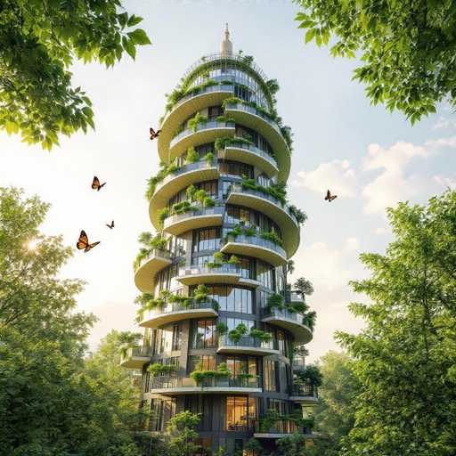 This image depicts a strikingly futuristic, cylindrical building that stands tall against a backdrop of a clear blue sky dotted with white clouds. The structure, reminiscent of a modern-day space needle, features a sleek, dark gray exterior and is adorned with numerous balconies that encircle its entire height. Each balcony is lush with greenery, including trees, bushes, and various plants, creating a vibrant contrast against the building's monochromatic facade. At the pinnacle of the building, a prominent white spire or cross-like structure adds a touch of elegance and possibly religious significance. Surrounding the building, tall trees with green leaves frame the scene, while a few monarch butterflies can be seen fluttering around, adding a touch of natural beauty to this serene and picturesque setting.