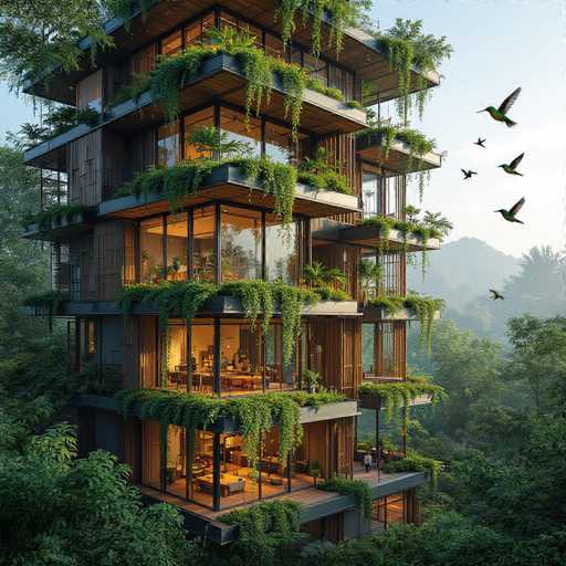 A stunning, modern six-story house stands majestically in a lush, tropical forest. The residence features expansive glass walls that offer breathtaking views of the surrounding greenery. Each floor is adorned with balconies, each one brimming with vibrant plants and flowers, creating a verdant oasis amidst the natural landscape. The house's sleek design is highlighted by its numerous windows, which allow an abundance of natural light to flood the interior. In the background, a clear blue sky stretches endlessly, with a flock of colorful birds soaring gracefully, adding to the serene and picturesque atmosphere.