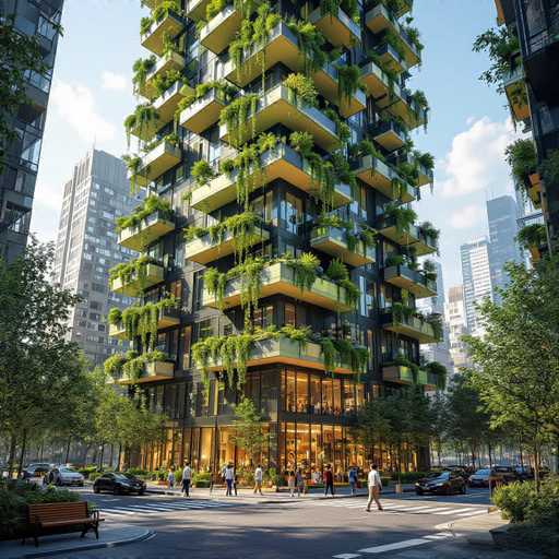 This image depicts a highly detailed, computer-generated rendering of a futuristic skyscraper. The building is approximately 20 stories tall, with each floor featuring a balcony adorned with lush greenery, including hanging vines and various plants. The structure is primarily black with a sleek, modern design, and the balconies have a distinctive yellow underside. The ground floor is illuminated, suggesting it houses retail stores, while the upper floors appear to be residential apartments. The scene is set in a bustling cityscape, with numerous skyscrapers visible in the background. The street below is lined with parked cars and pedestrians, adding to the urban atmosphere. The sky is a clear blue with scattered clouds, enhancing the overall vibrant and lively ambiance of the rendering.
