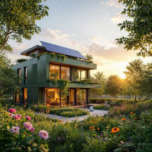 This image showcases a stunning, modern two-story house with a sleek, green exterior. The house features expansive glass windows that offer glimpses into the warmly lit interior, which is decorated with stylish furniture. A charming balcony on the second floor is adorned with lush greenery, adding a touch of nature to the contemporary design.

The roof is equipped with solar panels, highlighting the home's commitment to sustainable energy. The surrounding landscape is equally captivating, with a vibrant array of flowers in pink, purple, and orange hues, interspersed with verdant grass and bushes. A concrete walkway meanders through the garden, leading to a cozy patio area furnished with inviting seating.

The sky above is a brilliant blue, dotted with fluffy white clouds, and the sun casts a golden glow, suggesting either a serene sunrise or a peaceful sunset. The overall scene exudes tranquility and harmony between modern architecture and natural beauty, creating an idyllic and inviting atmosphere.