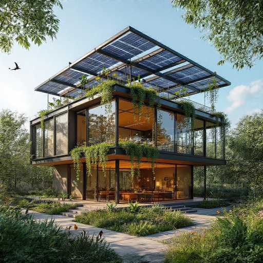 This image showcases a stunning, modern two-story house with a unique architectural design. The house features expansive glass walls that offer panoramic views of the surrounding landscape. On the second floor, there's a balcony adorned with lush greenery, including hanging plants and a small garden area. The roof is covered with solar panels, highlighting the home's commitment to sustainable energy.

The house is nestled in a picturesque setting, surrounded by trees and well-maintained walkways. The front yard is particularly eye-catching, with its square-shaped garden areas filled with various plants and flowers. A concrete pathway leads up to the house, which is illuminated by warm, inviting lights.

Inside, the house exudes a cozy and welcoming atmosphere. The interior is decorated with wooden furniture, including a dining table and chairs. The walls are painted in a soothing beige color, and the ceiling is a rich brown, adding to the warm ambiance.

The sky above is a clear blue with a few scattered clouds, and a bird can be seen flying in the distance. This image beautifully captures the harmonious blend of modern architecture and natural surroundings, creating a serene and inviting environment.