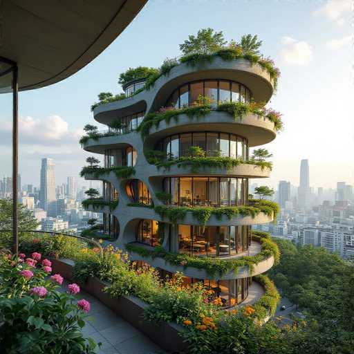 This image showcases a strikingly modern architectural design, likely a concept for a residential building. The structure features a unique spiral form, with each floor encircling the entire building, creating a dynamic and fluid appearance. The exterior is adorned with abundant greenery, including lush plants and vibrant flowers that enhance the building's aesthetic appeal. The design is characterized by extensive use of glass, allowing for ample natural light and offering panoramic views of the surrounding cityscape. The building's innovative spiral shape and abundant plant life make it stand out as a potential model for future eco-friendly urban living.