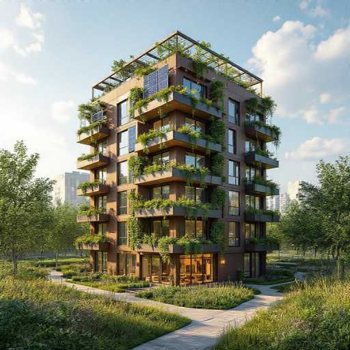 This image depicts a modern, six-story building with a unique architectural design. The structure features a combination of brown and gray tones, with a flat roof that is partially covered by a glass enclosure. The building's exterior is adorned with numerous windows, each framed by balconies that are lush with greenery, including plants, vines, and shrubs. The roof is also green, covered with grass and additional plants, creating a garden-like atmosphere. 

The building is set in a park-like environment, surrounded by trees and grass, with walkways leading up to it. The sky above is a clear blue with scattered white clouds, adding to the serene ambiance. In the background, other buildings are visible, suggesting an urban setting. The overall scene is vibrant and well-maintained, showcasing a harmonious blend of nature and modern architecture.