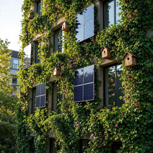 This photograph captures a charming four-story building adorned with lush green vines and vibrant pink flowers. The structure features numerous windows, each equipped with solar panels, highlighting its commitment to sustainable energy. Adding to the building's picturesque appeal are several wooden birdhouses, each with a small opening, nestled among the verdant foliage. The scene is set against a backdrop of clear blue sky, with a glimpse of another building in the distance, further enhancing the urban yet serene atmosphere.