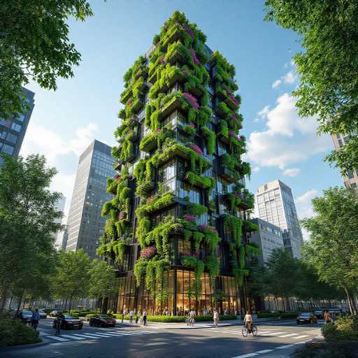 This image showcases a striking, futuristic skyscraper that stands out with its unique design. The building, which appears to be approximately 20 stories tall, is predominantly black and features numerous balconies. What makes this structure truly remarkable is the extensive greenery that covers it, with plants cascading from every balcony and even growing down the sides of the building. The balconies are adorned with vibrant purple flowers, adding a splash of color to the verdant scene. The skyscraper is situated at a bustling intersection, surrounded by other tall buildings and lush trees. The sky above is a clear blue with a few scattered clouds, and the scene is lively with people walking and cycling around the base of the building. The overall impression is one of a harmonious blend of nature and modern architecture, creating a visually captivating and unique urban landscape.