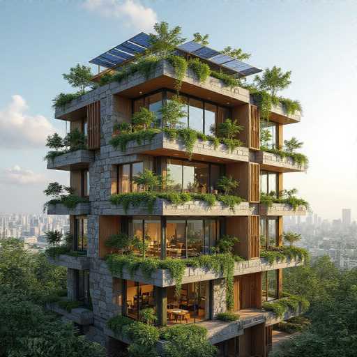 This image showcases a stunning, modern architectural design of a multi-story building. The structure features five distinct levels, each adorned with expansive glass windows that offer panoramic views of the surrounding landscape. The building's exterior is a harmonious blend of gray stone and warm brown wood, creating a sophisticated and inviting appearance.

The roof is particularly noteworthy, equipped with solar panels that not only provide sustainable energy but also contribute to the building's eco-friendly design. Adding to the greenery, the roof is lush with various plants, creating a natural oasis atop the structure. Each level of the building is complemented by balconies, which are also adorned with verdant foliage, enhancing the overall aesthetic appeal.

The building is set against a backdrop of a clear blue sky dotted with fluffy white clouds, and it stands prominently above a cityscape filled with numerous buildings. The base of the structure is surrounded by a dense array of trees, adding to the natural beauty of the scene. The warm glow emanating from the windows suggests that the building is illuminated, adding a cozy and welcoming ambiance to the image.