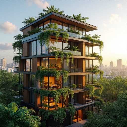 This image showcases a stunning, modern architectural design of a multi-story building. The structure features a sleek, contemporary aesthetic with clean lines and expansive glass windows that offer panoramic views of the surrounding landscape. The building is adorned with lush greenery, including various plants and trees that are integrated into the design, creating a harmonious blend of nature and architecture. The roof appears to be flat, possibly incorporating additional green spaces or solar panels. The warm, golden light of the setting sun bathes the scene, highlighting the building's architectural details and the vibrant colors of the sky. In the background, a cityscape with tall buildings is visible, suggesting that this could be a high-end residential property or a luxury hotel. The overall ambiance is one of tranquility and sophistication, with the interplay of natural elements and modern design creating a visually captivating and serene environment.