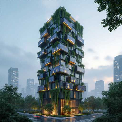 The image depicts a futuristic, 3D-rendered skyscraper that stands prominently in the center of a bustling cityscape. This towering structure, approximately 20 stories high, features a sleek, black exterior with numerous windows and balconies. The balconies are adorned with lush greenery, including ivy and other plants that cascade down the sides of the building, creating a striking contrast against the modern architecture. The skyscraper's base is surrounded by a small garden with trees and bushes, adding to the verdant theme. The sky above is a light blue, dotted with clouds, and the scene is illuminated by the warm glow of streetlights and the lights from surrounding buildings. In the background, a city skyline with additional skyscrapers is visible, though slightly blurred, emphasizing the central building's prominence. The overall atmosphere suggests a serene dusk setting, with the skyscraper glowing invitingly amidst the urban landscape.