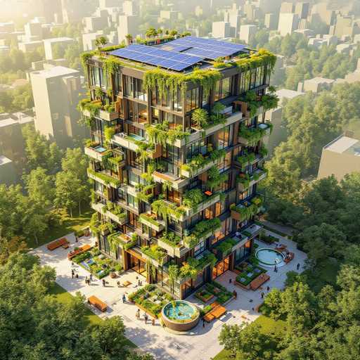 This image showcases a strikingly modern, eco-friendly skyscraper that stands out amidst a backdrop of more conventional, drab buildings. The structure is approximately 15 stories tall and features a unique design with numerous balconies adorned with lush greenery, including trees, bushes, and hanging plants. The building's exterior is predominantly brown, complemented by large glass windows that offer glimpses into the interiors. 

On the rooftop, a series of solar panels are installed, highlighting the building's commitment to renewable energy. The ground floor is particularly noteworthy, featuring a large circular fountain filled with blue water, surrounded by wooden benches and tables where people are seen sitting and enjoying the serene environment. Additionally, there is a small circular pool with a few individuals relaxing nearby. The base of the building is surrounded by a concrete area, with more greenery and seating arrangements extending to the left side. The overall scene is vibrant and lively, with people walking around and engaging in various activities, making this building a beacon of modern sustainability and community interaction.