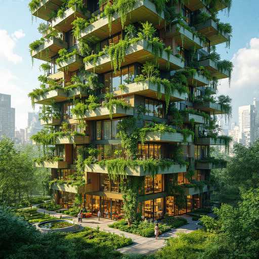 This image showcases a strikingly unique building that stands out amidst a bustling cityscape. The structure is approximately 10 stories tall, with each floor featuring a balcony adorned with lush greenery. The balconies are filled with an abundance of plants, creating a verdant oasis on each level. Vines and other climbing plants cascade down the sides of the building, adding to its organic charm. The building's exterior is a warm brown color, complementing the natural elements. At the base, there is a beautifully landscaped area with a small pond, surrounded by trees and bushes, enhancing the serene atmosphere. The scene is set on a sunny day, with a clear blue sky dotted with a few clouds. In the background, other buildings are visible, but none compare to the green haven that this building represents.