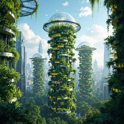 This image depicts a futuristic cityscape with a blend of advanced architecture and abundant greenery. Dominating the scene are three towering structures, each featuring a glass dome at the top. These domes are encircled by rings of lush vegetation, creating a striking contrast against the sleek, modern design. The buildings themselves are adorned with numerous balconies and windows, many of which emit a warm yellow glow, suggesting illuminated interiors. The central structure is the tallest, flanked by two slightly shorter but equally impressive towers. Surrounding these skyscrapers are additional buildings, some of which are also dotted with greenery, indicating a city that values nature. The sky above is a clear blue, dotted with fluffy white clouds, adding to the serene yet advanced ambiance of the scene. The overall impression is of a harmonious integration of nature and cutting-edge architecture, painting a vivid picture of a possible future urban environment.