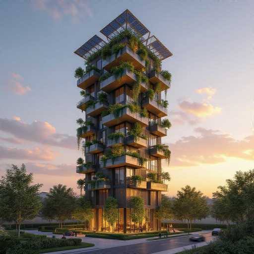 This image depicts a tall, modern building that appears to be a high-rise apartment complex or hotel. The structure is approximately 10 stories high and features numerous balconies adorned with lush green plants, creating a striking contrast against the building's sleek, gray exterior. At the top of the building, there are solar panels, indicating a commitment to sustainable energy. The scene is set during the evening, as evidenced by the illuminated windows and the sky transitioning to dusk. The sky is a blend of blue and pink hues, with a few clouds scattered around. In the foreground, there is a road with a few cars driving by, and the building is surrounded by trees and bushes, adding to the overall greenery. The base of the building is brightly lit, suggesting activity inside, and there appears to be a gathering of people, possibly near a restaurant area. The image is clear and well-lit, capturing the modern and eco-friendly design of the building.