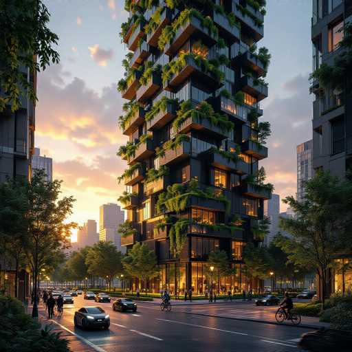 This image depicts a highly detailed, computer-generated rendering of a futuristic skyscraper in a bustling cityscape. The central focus is a tall, sleek building with a modern design, characterized by its black exterior and numerous glass windows. The structure is adorned with balconies on each floor, each brimming with lush greenery, including trees, bushes, and vines that climb up the sides of the building, creating a striking contrast against the dark facade.

The scene is set during the evening, with the sky transitioning from a light blue to a warm yellow near the horizon, suggesting the sun is setting. The street below is alive with activity, featuring a mix of cars and bicycles, and illuminated by streetlights. The sidewalks are lined with trees and bushes, adding to the greenery that envelops the area. In the background, other tall buildings and skyscrapers are visible, enhancing the urban atmosphere. The overall ambiance is one of a vibrant, eco-friendly city where nature and modern architecture harmoniously coexist.