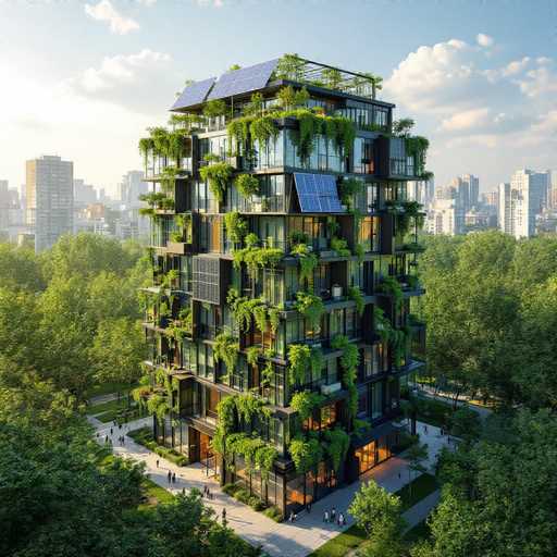 This image showcases a strikingly modern and futuristic building, likely an architectural rendering, situated in a bustling cityscape. The structure stands tall with approximately 15 to 20 stories, each floor adorned with balconies overflowing with lush greenery, including hanging plants and trees. The building's exterior is predominantly glass, giving it a sleek and transparent appearance, complemented by black accents and numerous windows. 

On the roof, a greenhouse brimming with plants adds to the verdant theme, while solar panels are strategically placed on the roof and sides of the building, highlighting its eco-friendly design. The base of the building features a white concrete foundation, and a sidewalk encircles the structure, where people can be seen walking. 

Surrounding the building are trees and grass, adding a touch of nature to the urban environment. In the background, a city skyline with additional skyscrapers is visible, set against a blue sky dotted with white clouds. The overall scene is bathed in bright sunlight, emphasizing the building's modern and innovative design.