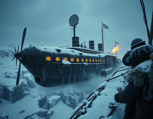 In this captivating image, a futuristic airship soars through a snowy, mountainous landscape. The airship, reminiscent of a hybrid between a submarine and a blimp, features a sleek, elongated design with a pointed front and a rounded back. Its exterior is adorned with numerous circular windows along its sides, each emitting a warm, yellow glow that contrasts beautifully with the cold surroundings. The vessel's front is equipped with a large propeller, while the rear boasts four prominent smokestacks, one of which is emitting a plume of smoke. Atop the airship, a large satellite dish is mounted, suggesting advanced communication capabilities. The scene is set against a backdrop of snow-covered mountains, with a few people visible on the ground, gazing up at the majestic airship as it glides overhead.